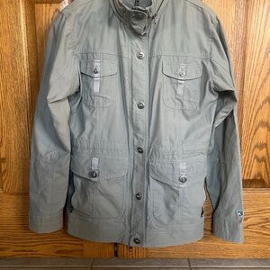 Kuhl Womens Rekon Canvas Jacket Size M Slate Grey/Green Full Zip Stowaway Hood